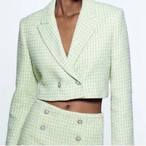 Zara Light Green Tweed Cropped Blazer